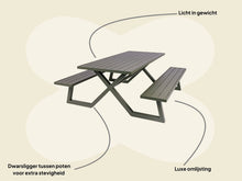 Afbeelding in Gallery-weergave laden, MaximaVida luxe aluminium picknicktafel Dex 200 cm olijfgroen met exclusieve omlijsting