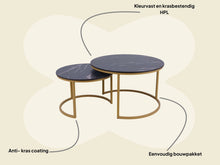 Afbeelding in Gallery-weergave laden, MaximaVida ronde salontafel set Firenze XL 75 en 58 cm champagne goud - zwart HPL marmer look
