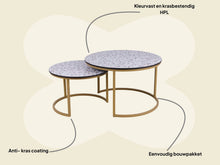 Afbeelding in Gallery-weergave laden, MaximaVida ronde salontafel set Lucca XL 75 en 58 cm champagne goud – HPL terrazzo look