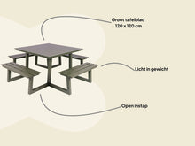 Afbeelding in Gallery-weergave laden, MaximaVida vierkante aluminium picknicktafel Dex 215 cm olijfgroen - open instap
