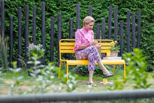 Load image into Gallery viewer, MaximaVida metal garden bench Yellow Ocher- 120 cm
