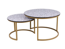 Lade das Bild in den Galerie-Viewer, MaximaVida rundes Set Couchtische Lucca 75 und 58 cm Farbe Champagner Gold - HPL Terrazzo Optik
