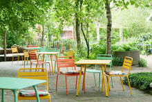 Load image into Gallery viewer, MaximaVida square metal garden table Max 80 cm x 80 cm yellow ochre
