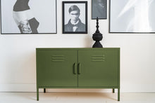 Load image into Gallery viewer, MaximaVida metal TV locker cabinet Finn 100 x 40 x 64 olive green - 1 shelf
