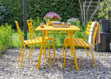 Load image into Gallery viewer, MaximaVida metal garden set Max yellow ochre 150 cm - 1 table with 2 chairs and 1 bench
