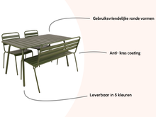 Load image into Gallery viewer, MaximaVida metal garden set Max olive green 150 cm - 1 table with 2 chairs and 1 bench
