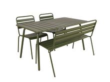 Load image into Gallery viewer, MaximaVida metal garden set Max olive green 150 cm - 1 table with 2 chairs and 1 bench
