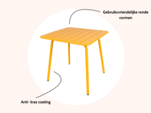 Load image into Gallery viewer, MaximaVida square metal garden table Max 80 cm x 80 cm yellow ochre
