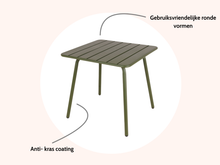 Load image into Gallery viewer, MaximaVida square metal garden table Max 80 cm x 80 cm olive green
