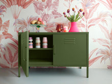 Load image into Gallery viewer, MaximaVida metal TV locker cabinet Finn 100 x 40 x 64 olive green - 1 shelf
