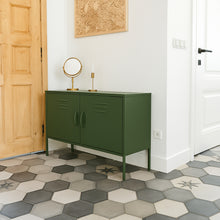 Load image into Gallery viewer, MaximaVida metal TV locker cabinet Finn 100 x 40 x 64 olive green - 1 shelf
