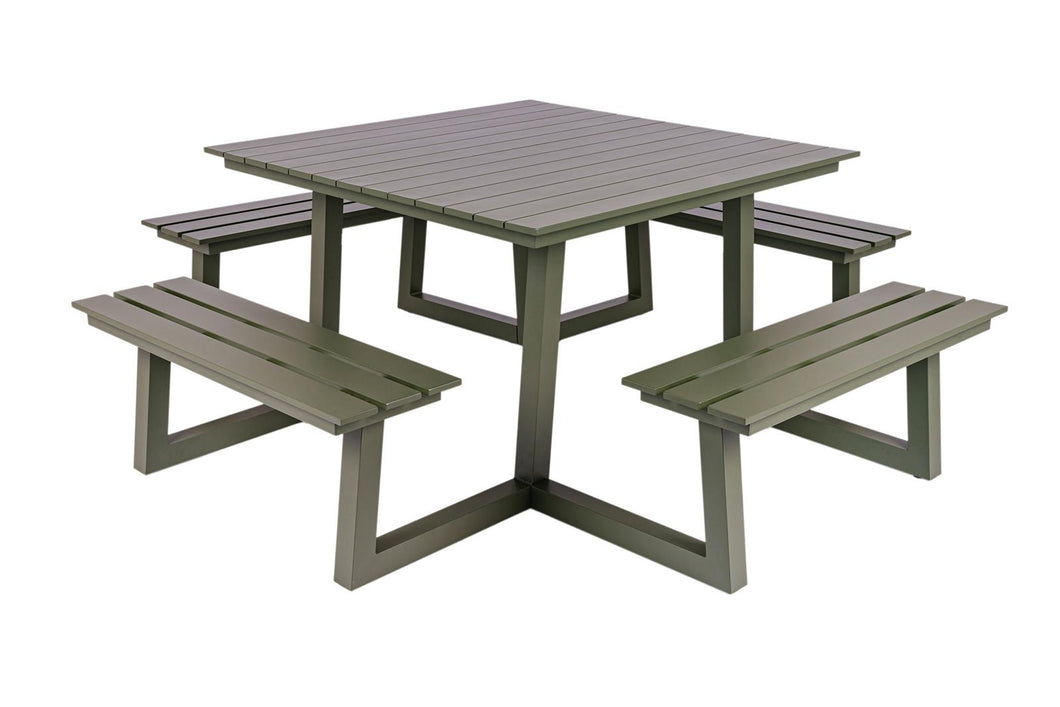 MaximaVida square aluminium picnic table Dex 215 cm olive green - easy entry