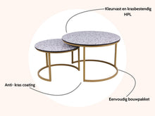 Lade das Bild in den Galerie-Viewer, MaximaVida rundes Set Couchtische Lucca 75 und 58 cm Farbe Champagner Gold - HPL Terrazzo Optik
