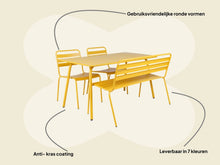 Lade das Bild in den Galerie-Viewer, MaximaVida Gartenset Max, hergestellt aus Metall, Farbe ockergelb 150 cm, 1 Tisch, 2 Stühle, 1 Bank
