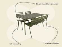 Load image into Gallery viewer, MaximaVida metal garden set Max olive green 150 cm - 1 table with 2 chairs and 1 bench
