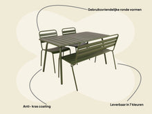 Lade das Bild in den Galerie-Viewer, MaximaVida Gartenset Max, hergestellt aus Metall, Farbe olivgrün 150 cm, 1 Tisch, 2 Stühle, 1 Bank
