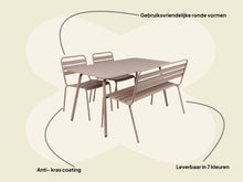 Afbeelding in Gallery-weergave laden, MaximaVida metalen tuinset Max taupe 150 cm - 1 tafel met twee stoelen en 1 bank
