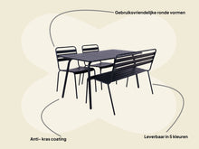 Afbeelding in Gallery-weergave laden, MaximaVida metalen tuinset Max zwart 150 cm – 1 tafel met 2 stoelen en 1 bank
