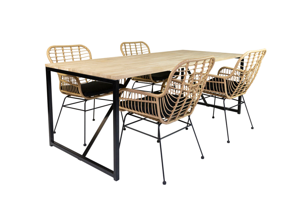MaximaVida dining set 180 cm- 4 Rattan chairs Delhi- Oak wooden table 180 cm x 90 cm