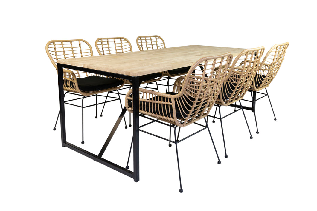 MaximaVida dining set 200 cm- 6 Rattan chairs Delhi- Oak wooden table 200 cm x 90 cm